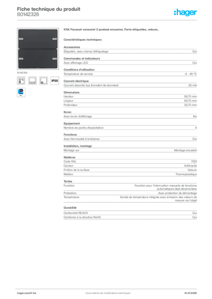 Image Hager Fiche technique du produit 80142326 | Hager Belgique