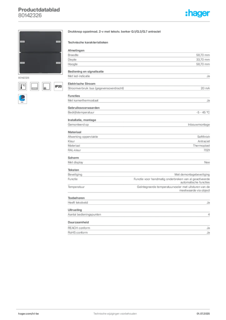 Afbeelding Hager Productdatablad 80142326 | Hager Belgium