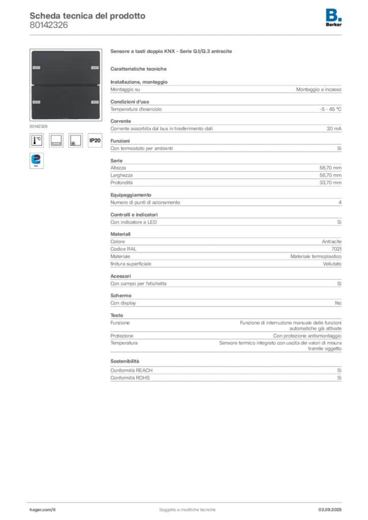 Immagine Berker Scheda tecnica del prodotto 80142326 | Hager Italia