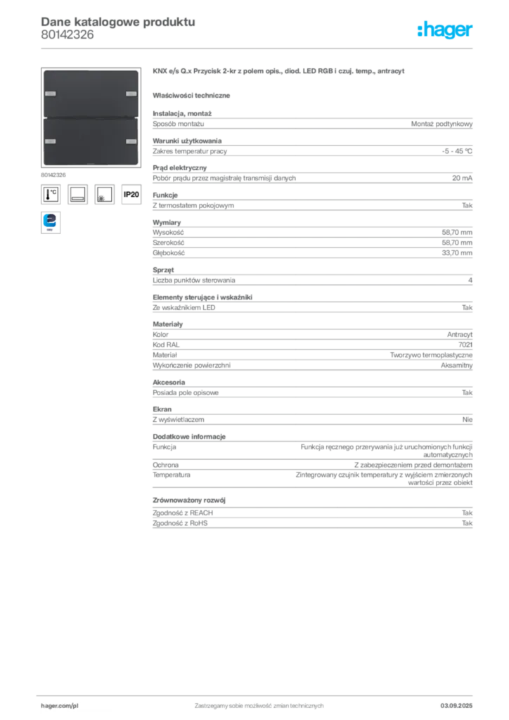 Zdjęcie Hager Dane katalogowe produktu 80142326 | Hager Polska