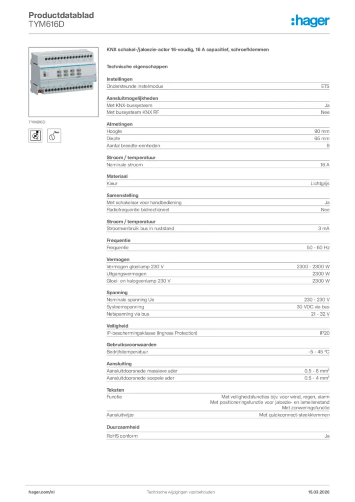 Afbeelding Hager Productdatablad TYM616D | Hager Nederland