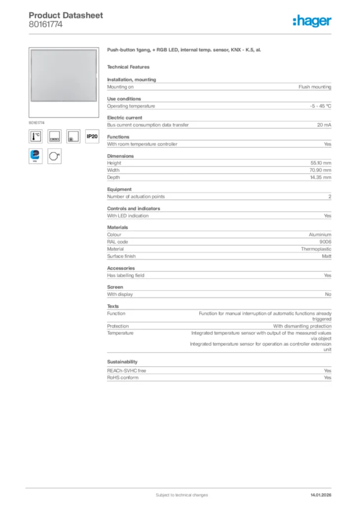 Image Hager Product data sheet 80161774  | Hager Africa
