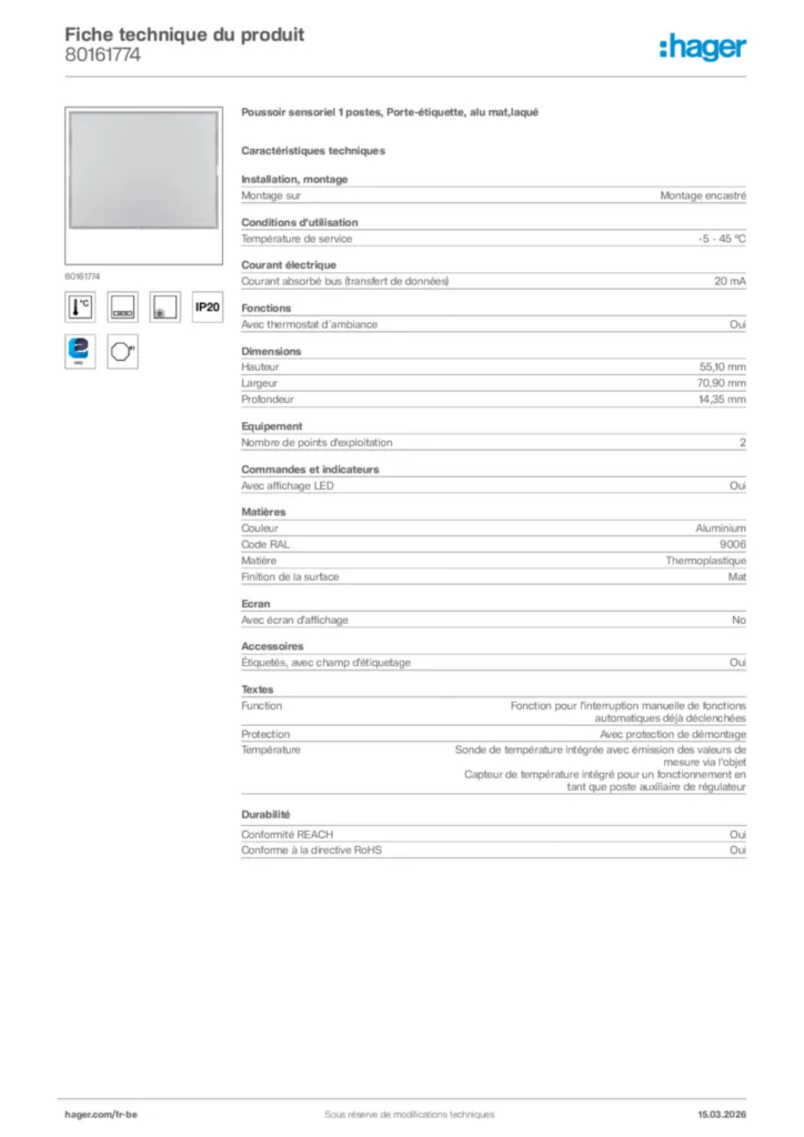Image Hager Fiche technique du produit 80161774 | Hager Belgique