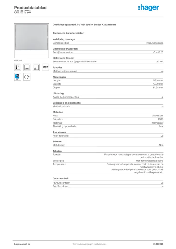 Afbeelding Hager Productdatablad 80161774 | Hager Belgium