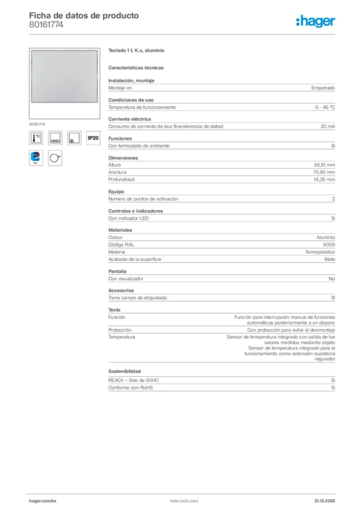 Imagen Hager Ficha de datos de producto 80161774 | Hager España