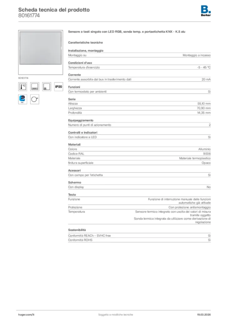 Immagine Berker Scheda tecnica del prodotto 80161774 | Hager Italia