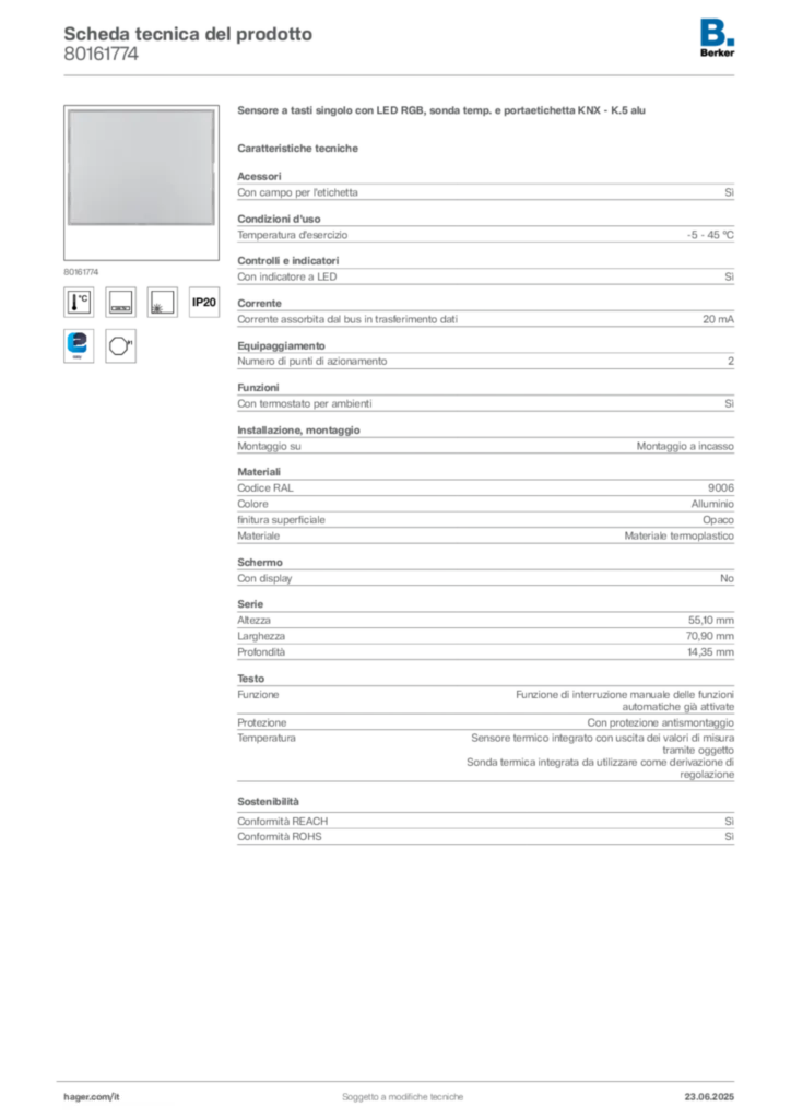 Immagine Berker Scheda tecnica del prodotto 80161774 | Hager Italia