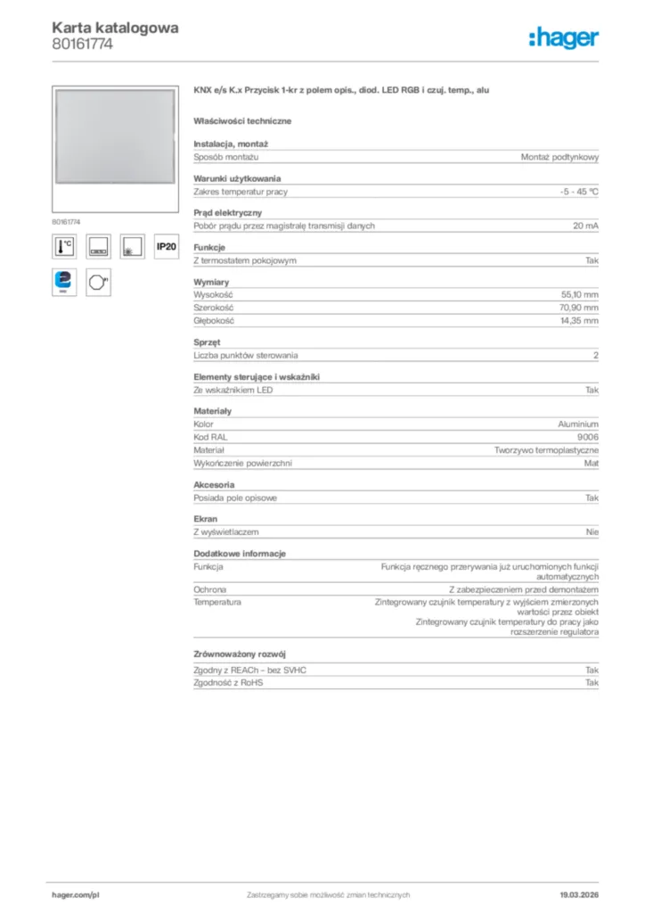 Zdjęcie Hager Karta katalogowa 80161774 | Hager Polska