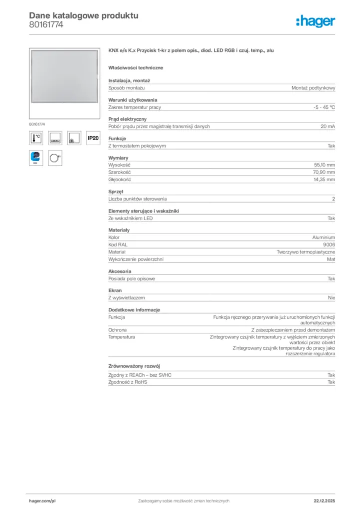 Zdjęcie Hager Dane katalogowe produktu 80161774 | Hager Polska