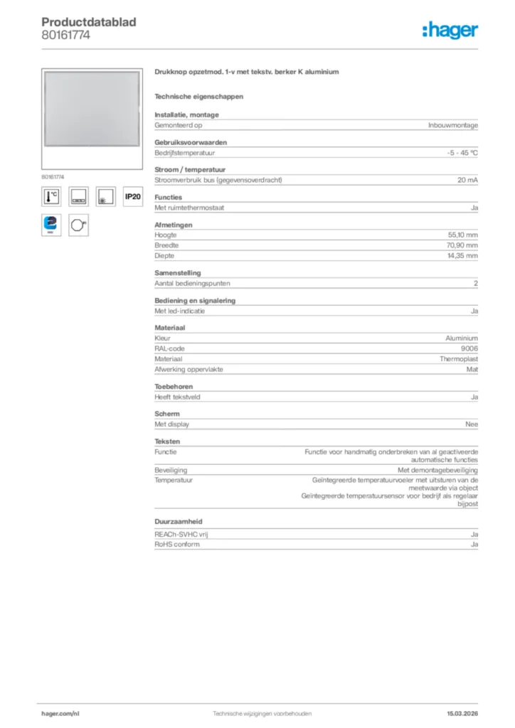 Afbeelding Hager Productdatablad 80161774 | Hager Nederland