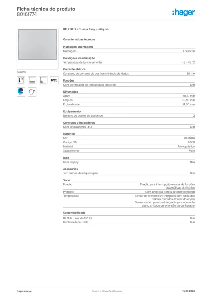 Imagem Hager Ficha técnica do produto 80161774 | Hager Portugal