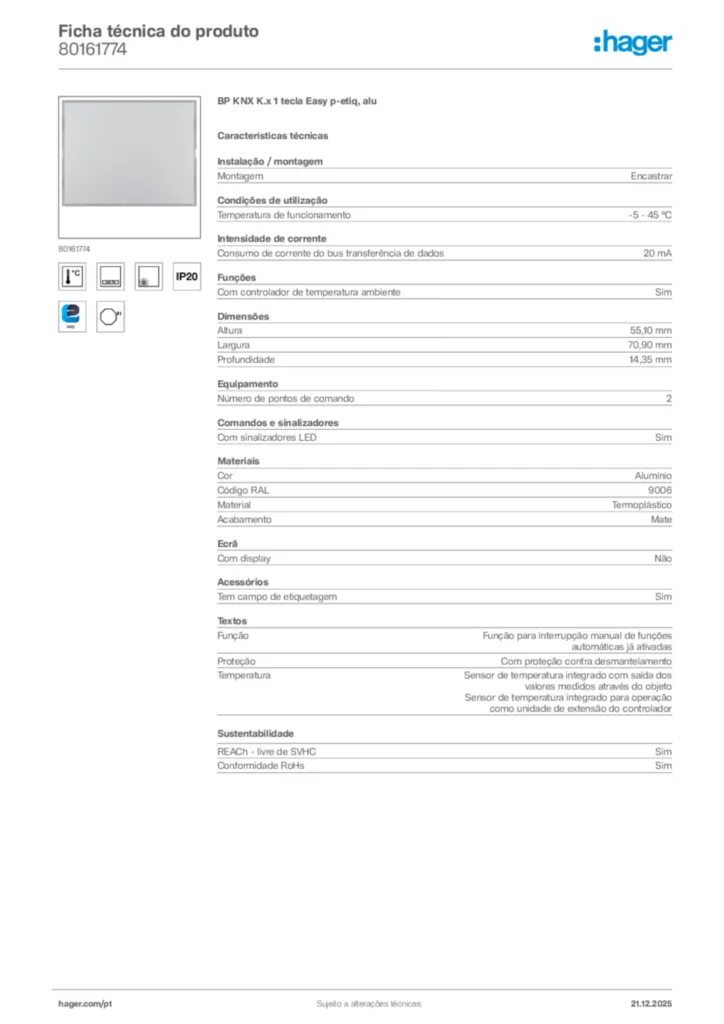 Imagem Hager Ficha técnica do produto 80161774 | Hager Portugal