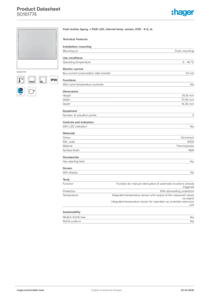 Image Hager Product data sheet 80161774  | Hager