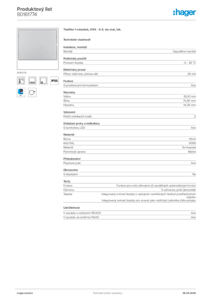 Obrázek Hager Product data sheet 80161774 | Hager
