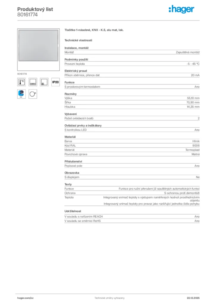 Obrázek Hager Produktový list 80161774 | Hager