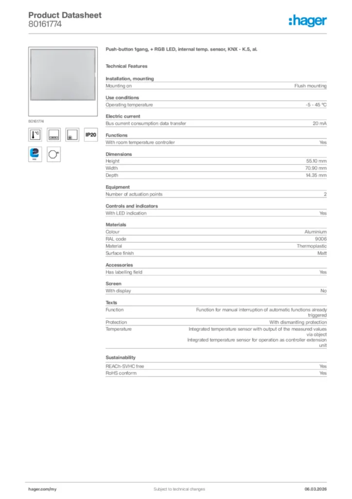 Image Hager Product data sheet 80161774  | Hager