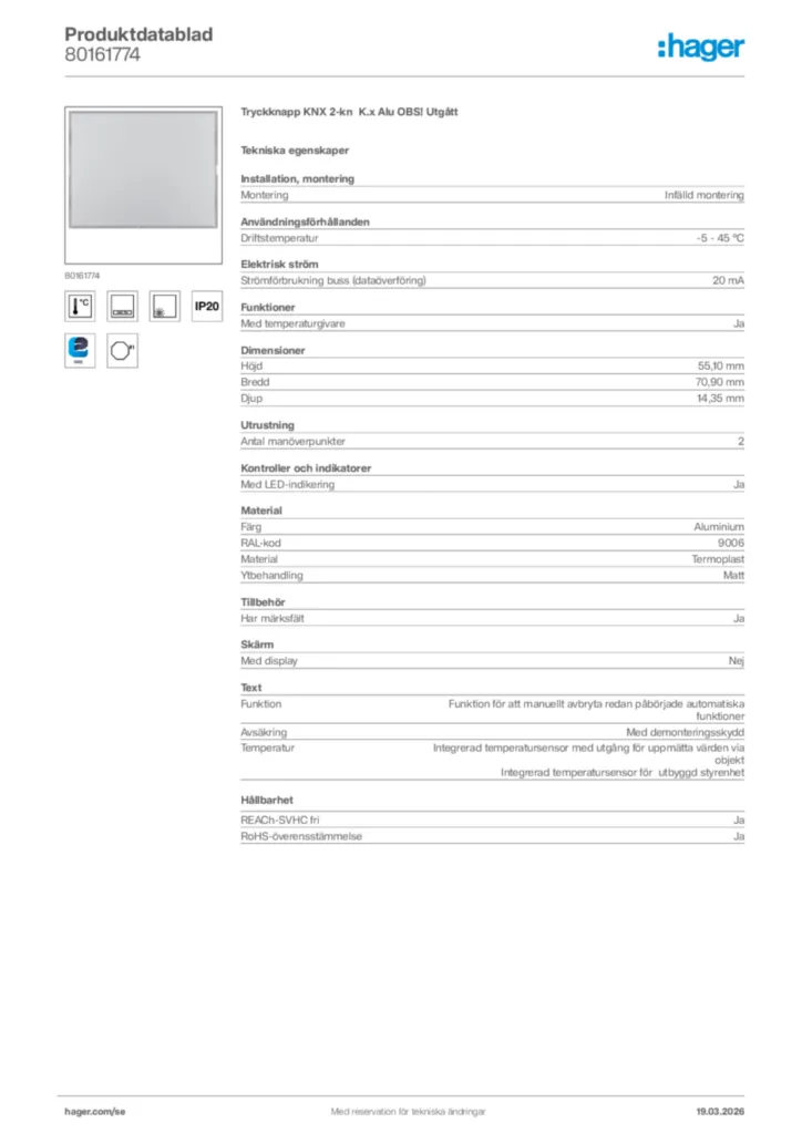 Bild Hager Produktdatablad 80161774 | Hager Sverige