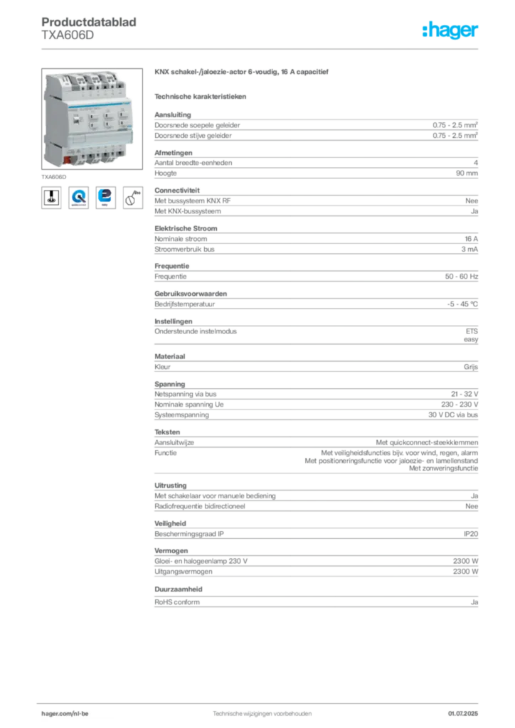 Afbeelding Hager Productdatablad TXA606D | Hager Belgium