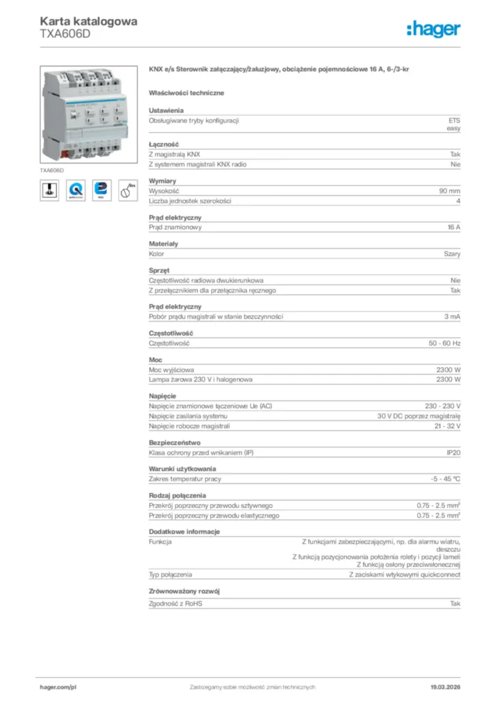 Zdjęcie Hager Karta katalogowa TXA606D | Hager Polska