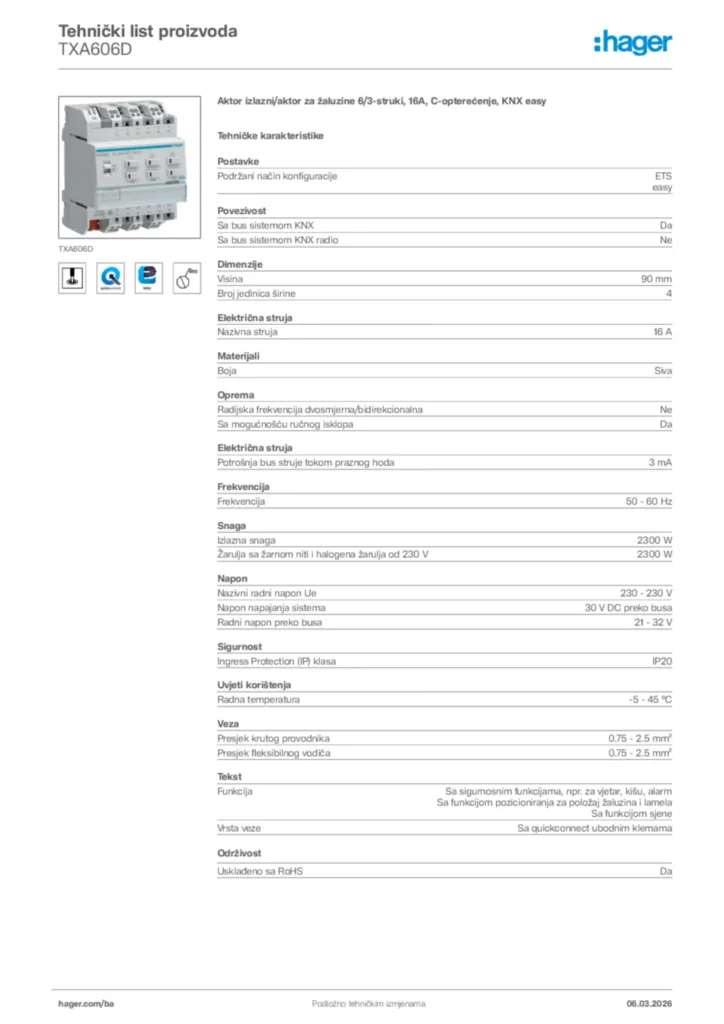 Slika Hager Tehnički list proizvoda TXA606D  | Hager