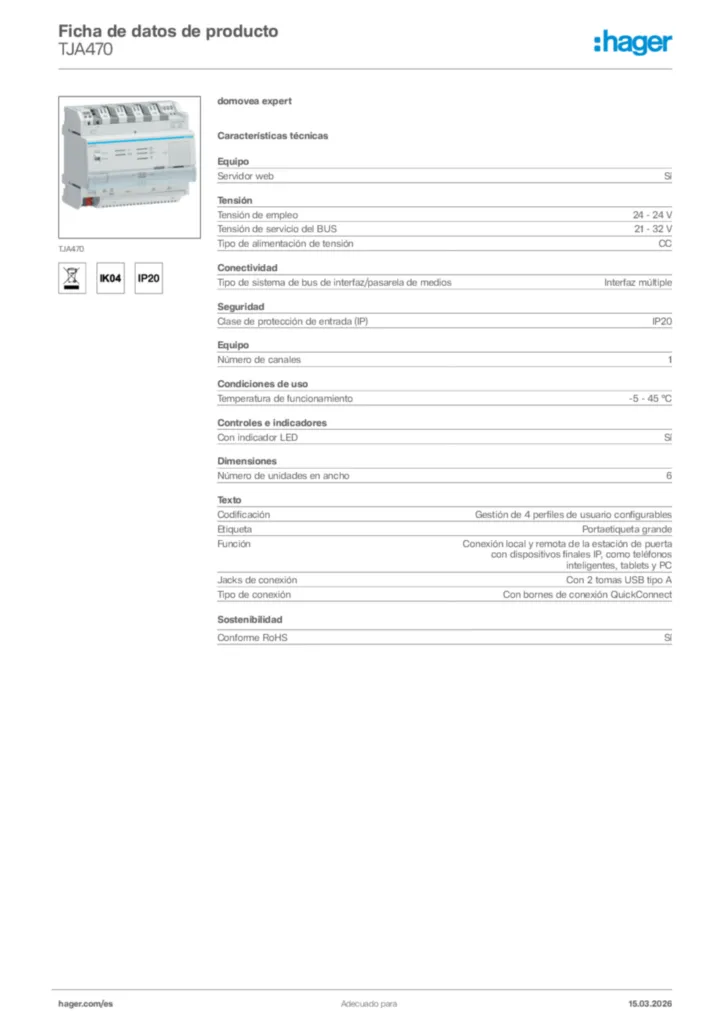 Imagen Hager Ficha de datos de producto TJA470 | Hager España