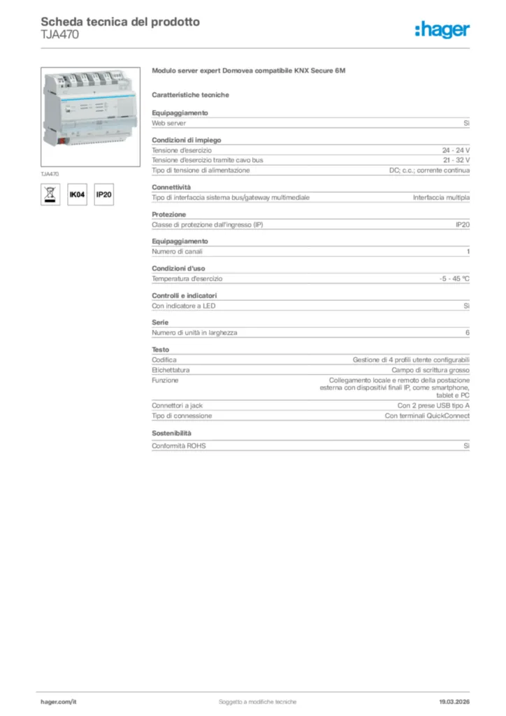 Immagine Hager Scheda tecnica del prodotto TJA470 | Hager Italia