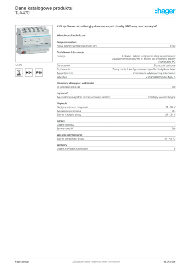 Zdjęcie Hager Dane katalogowe produktu TJA470 | Hager Polska