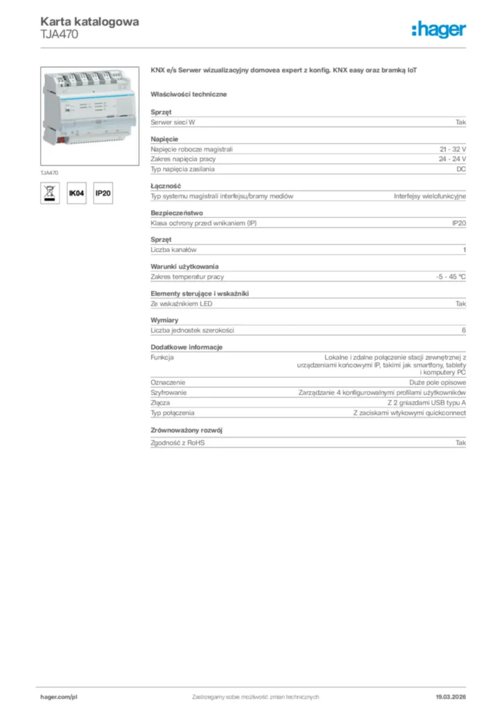 Zdjęcie Hager Karta katalogowa TJA470 | Hager Polska