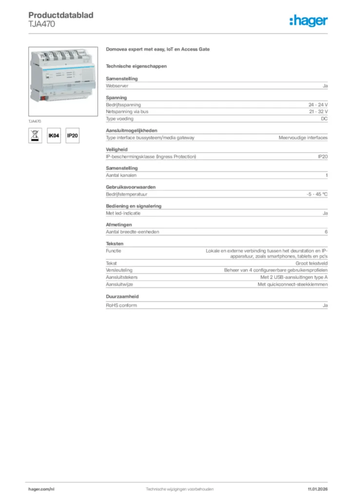 Afbeelding Hager Productdatablad TJA470 | Hager Nederland