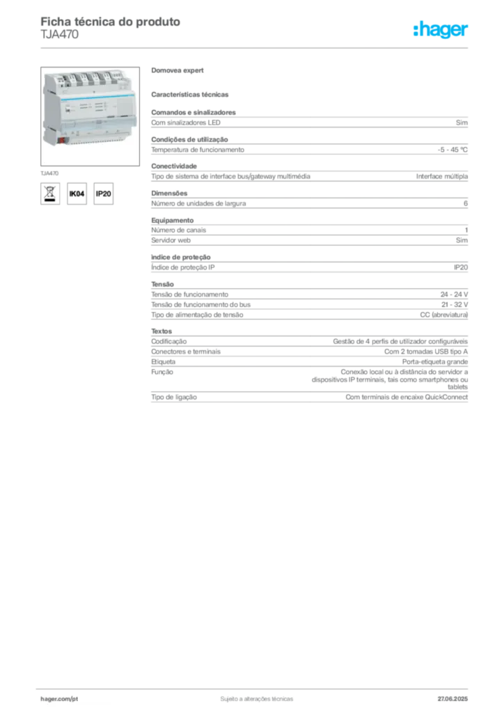 Imagem Hager Ficha técnica do produto TJA470 | Hager Portugal