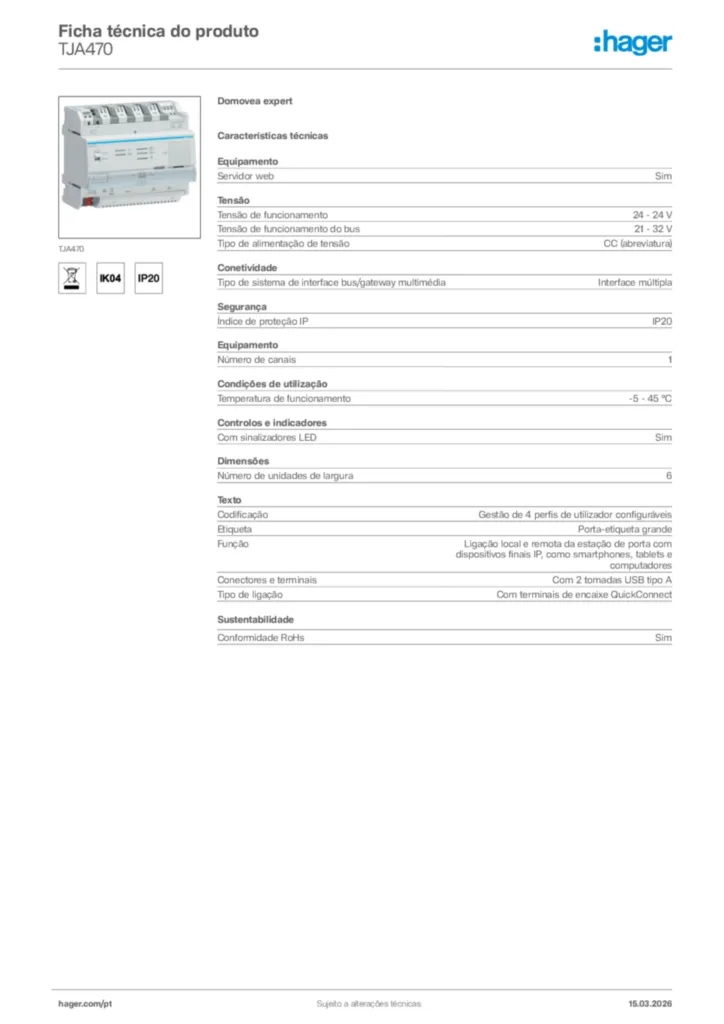 Imagem Hager Ficha técnica do produto TJA470 | Hager Portugal