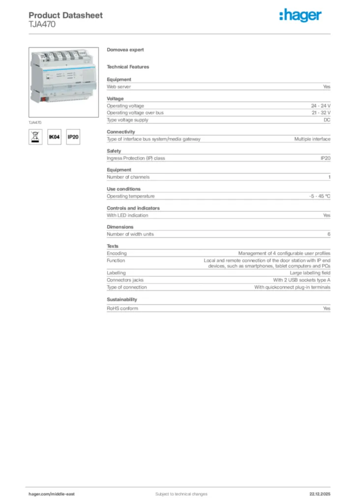 Image Hager Product data sheet TJA470  | Hager