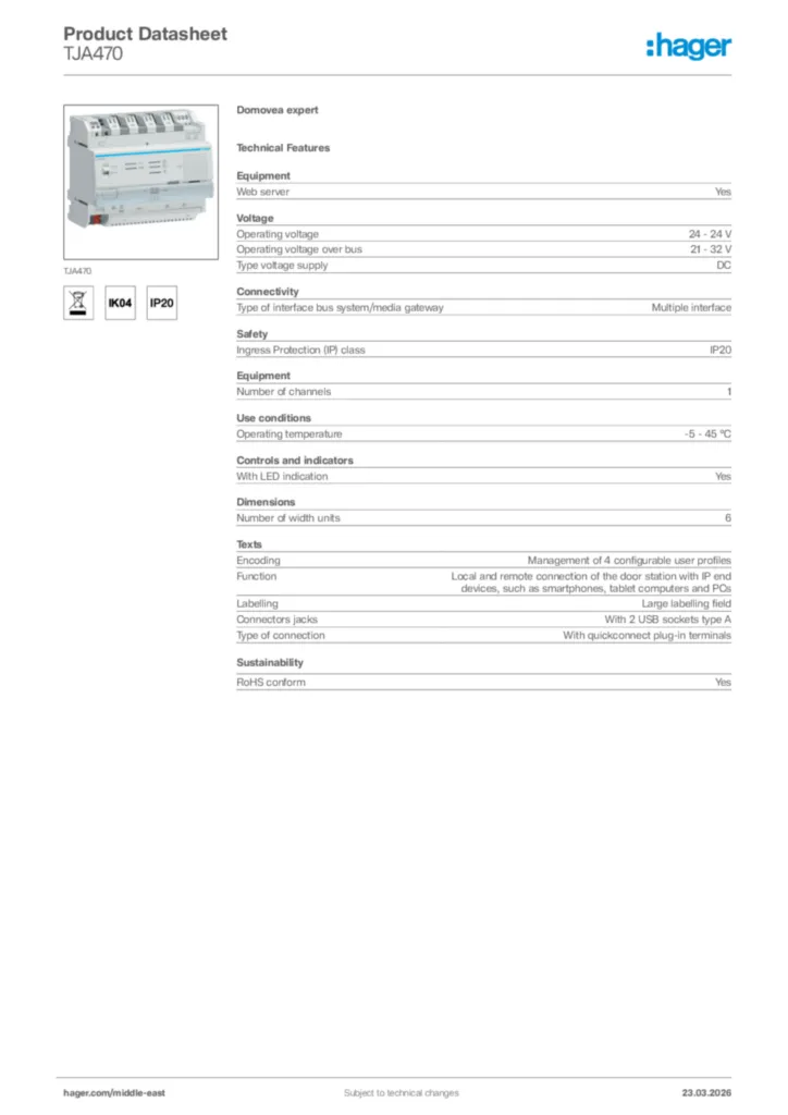 Image Hager Product data sheet TJA470  | Hager