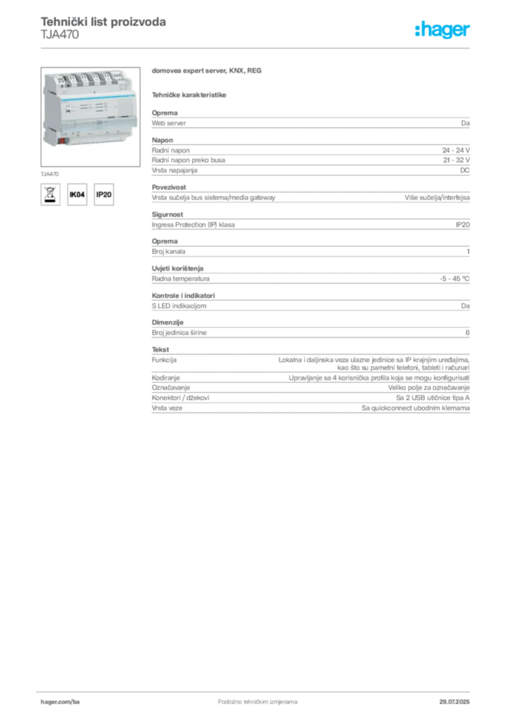 Slika Hager Product data sheet TJA470  | Hager