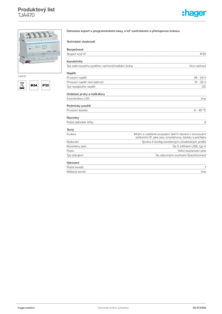 Obrázek Hager Produktový list TJA470 | Hager