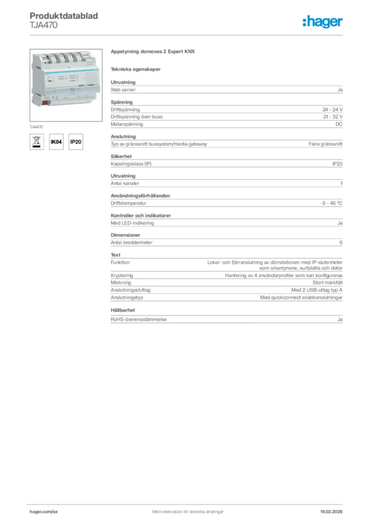 Bild Hager Produktdatablad TJA470 | Hager Sverige