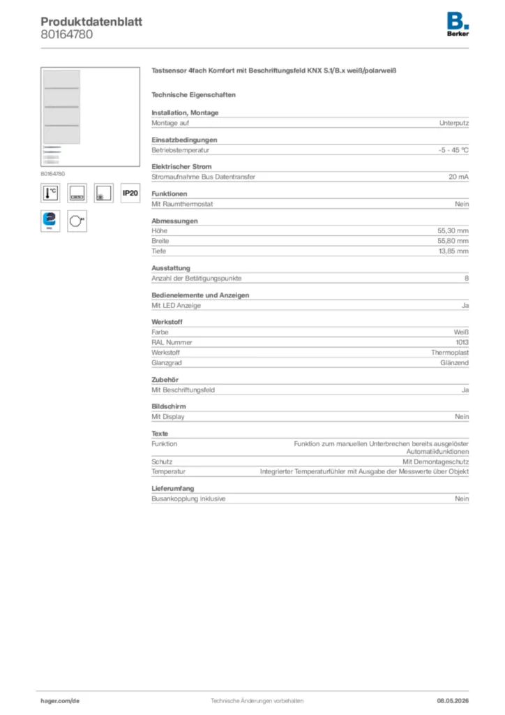 Bild Berker Produktdatenblatt 80164780 | Hager Deutschland