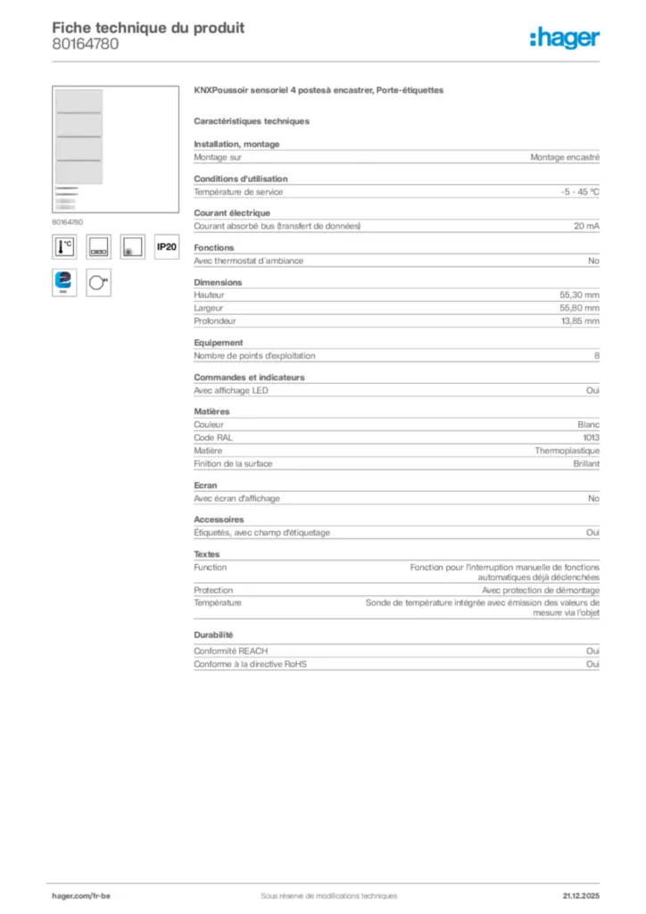 Image Hager Fiche technique du produit 80164780 | Hager Belgique