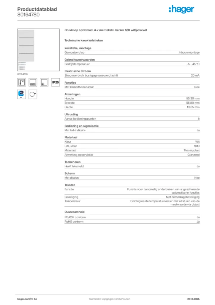 Afbeelding Hager Productdatablad 80164780 | Hager Belgium