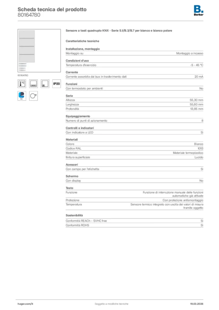 Immagine Berker Scheda tecnica del prodotto 80164780 | Hager Italia