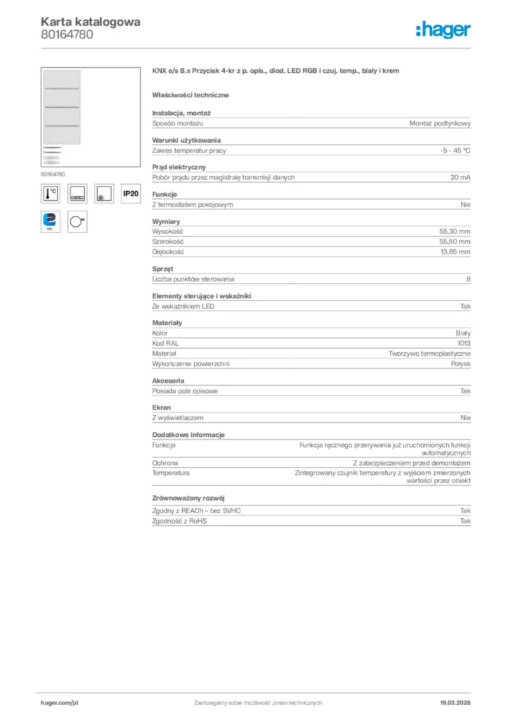 Zdjęcie Hager Karta katalogowa 80164780 | Hager Polska