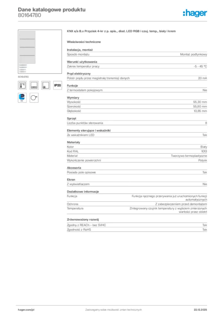 Zdjęcie Hager Dane katalogowe produktu 80164780 | Hager Polska