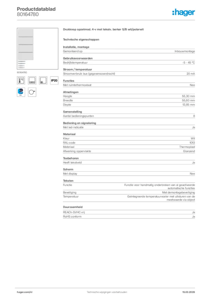 Afbeelding Hager Productdatablad 80164780 | Hager Nederland