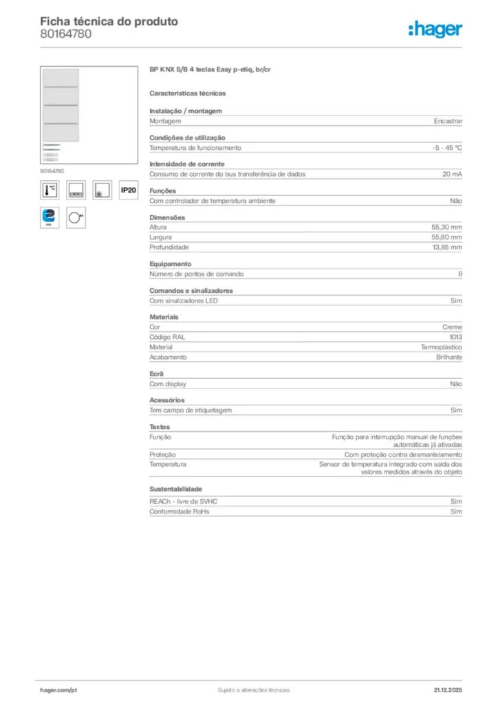 Imagem Hager Ficha técnica do produto 80164780 | Hager Portugal