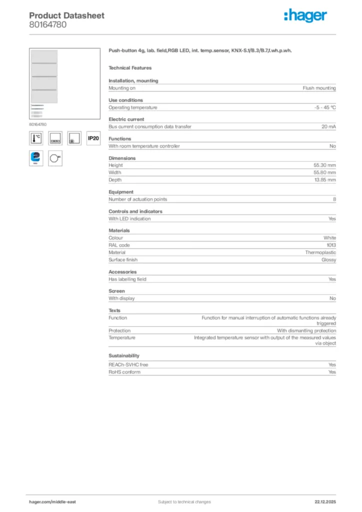 Image Hager Product data sheet 80164780  | Hager