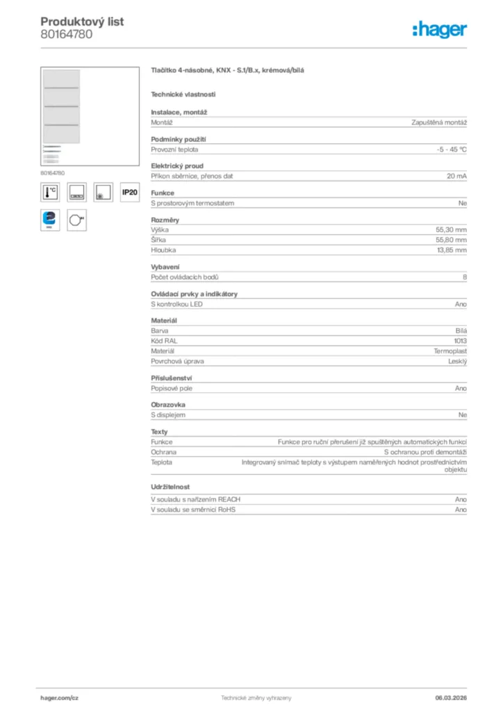 Obrázek Hager Product data sheet 80164780 | Hager