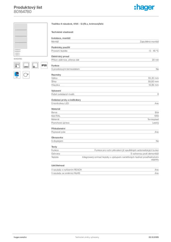 Obrázek Hager Produktový list 80164780 | Hager