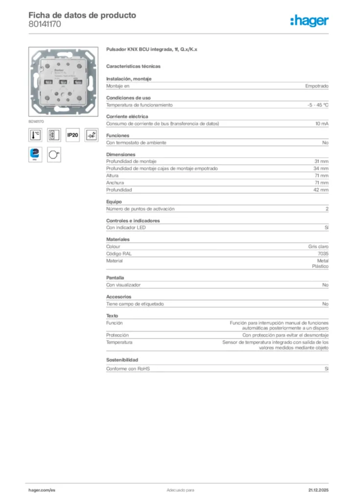 Imagen Hager Ficha de datos de producto 80141170 | Hager España