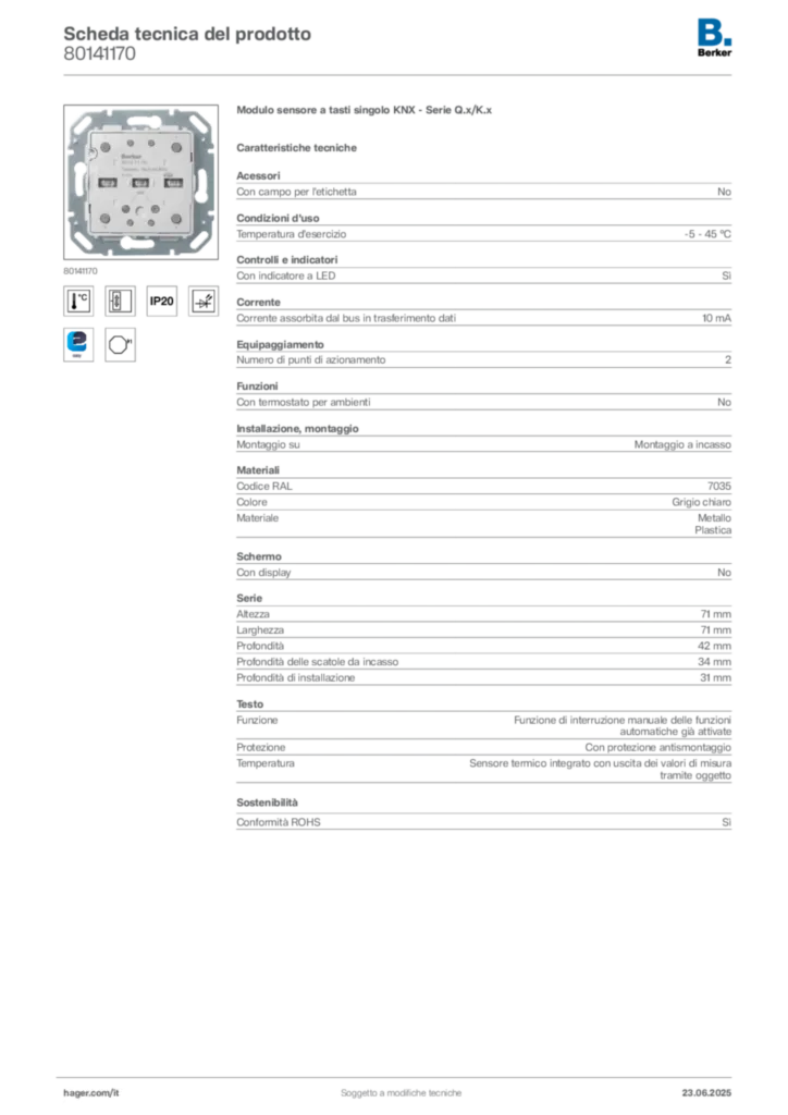 Immagine Berker Scheda tecnica del prodotto 80141170 | Hager Italia