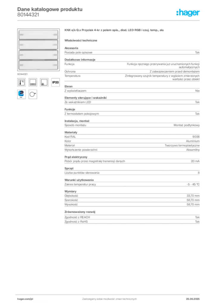 Zdjęcie Hager Dane katalogowe produktu 80144321 | Hager Polska
